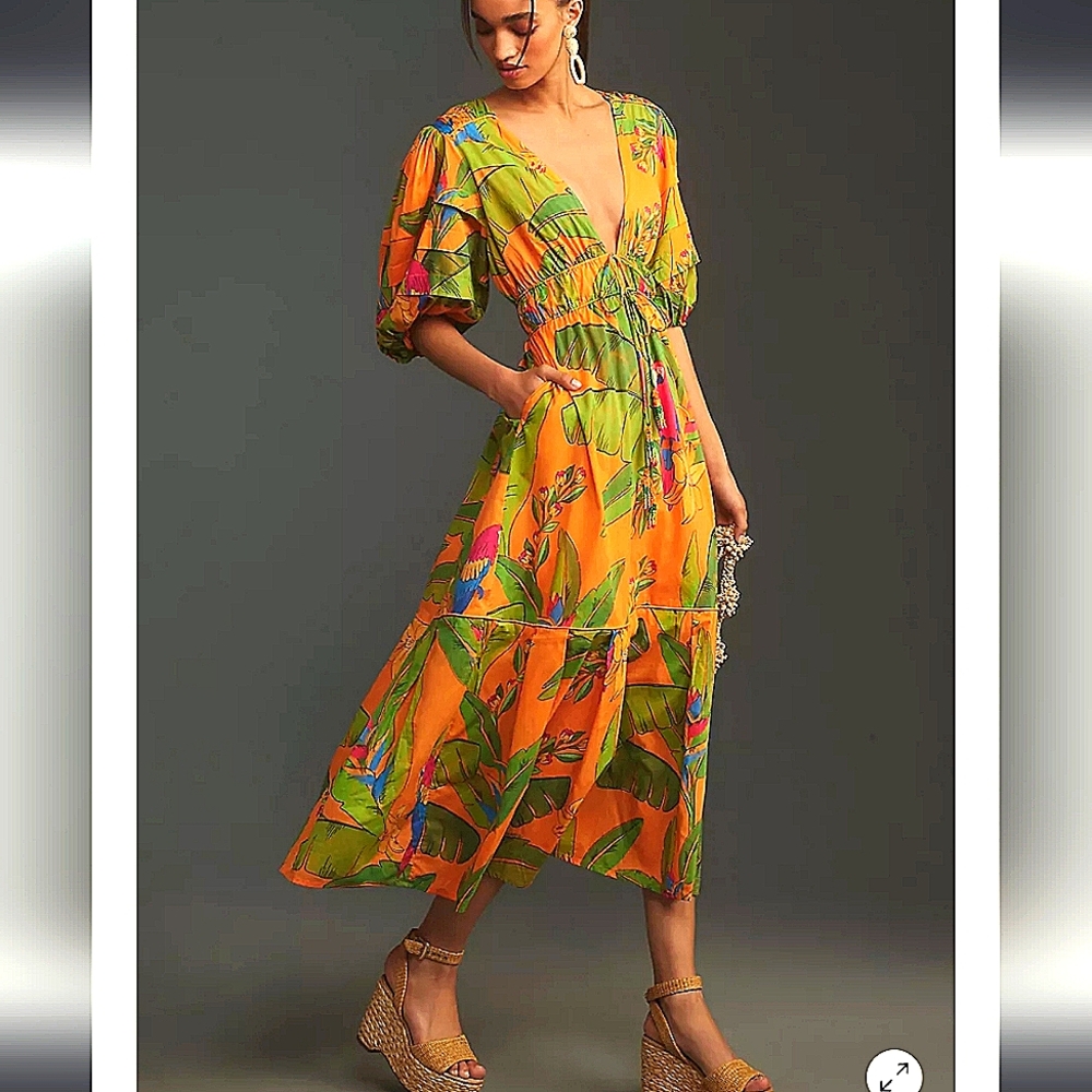 Anthropologie FarmRio Floral Fresh Macaws short PuffSleeve Maxi Midi Dress Small